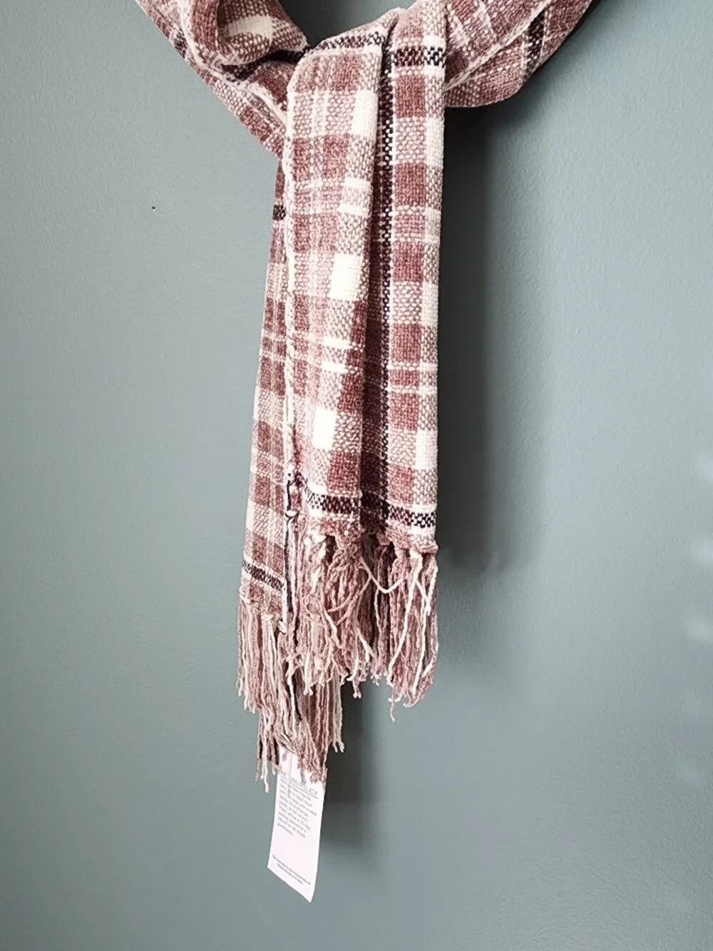 Brown Plaid Fringed Rayon Scarf NWT